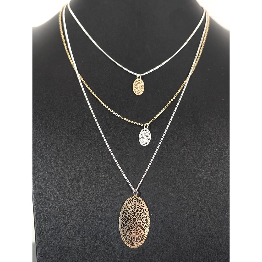 Mixed Metal Layered Filigree Pendant‎ Necklace Gold Silver Tone Statement 20 in
